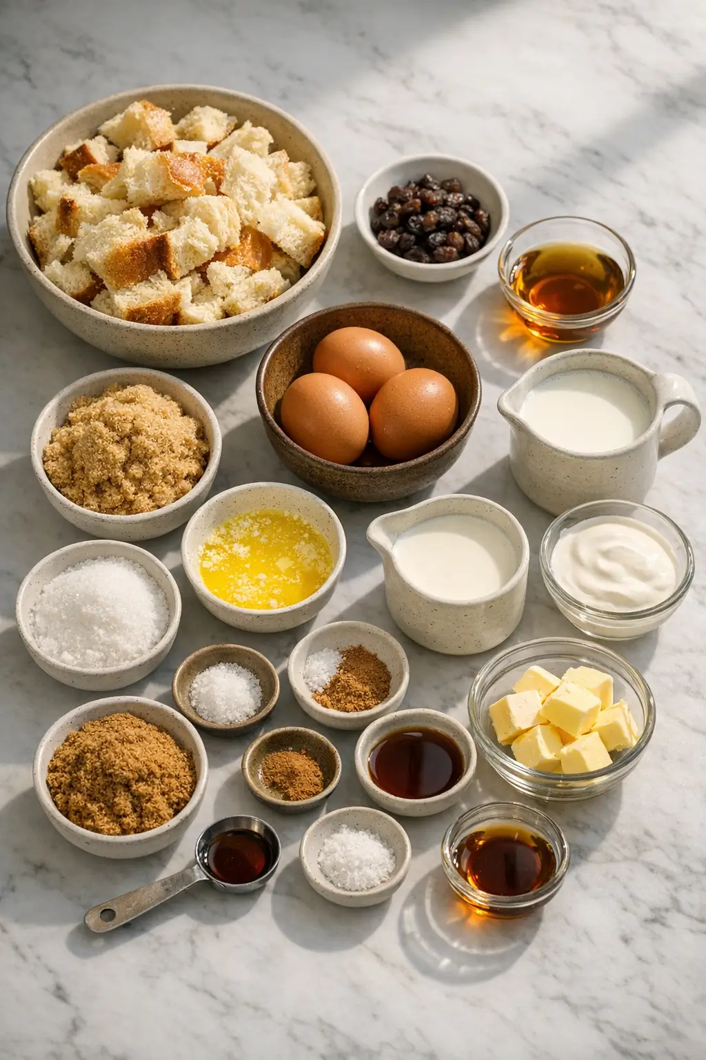 Ingredients for Irish whiskey butterscotch bread pudding: torn brioche, eggs, milk, brown sugar, butter and spices arranged on a counter