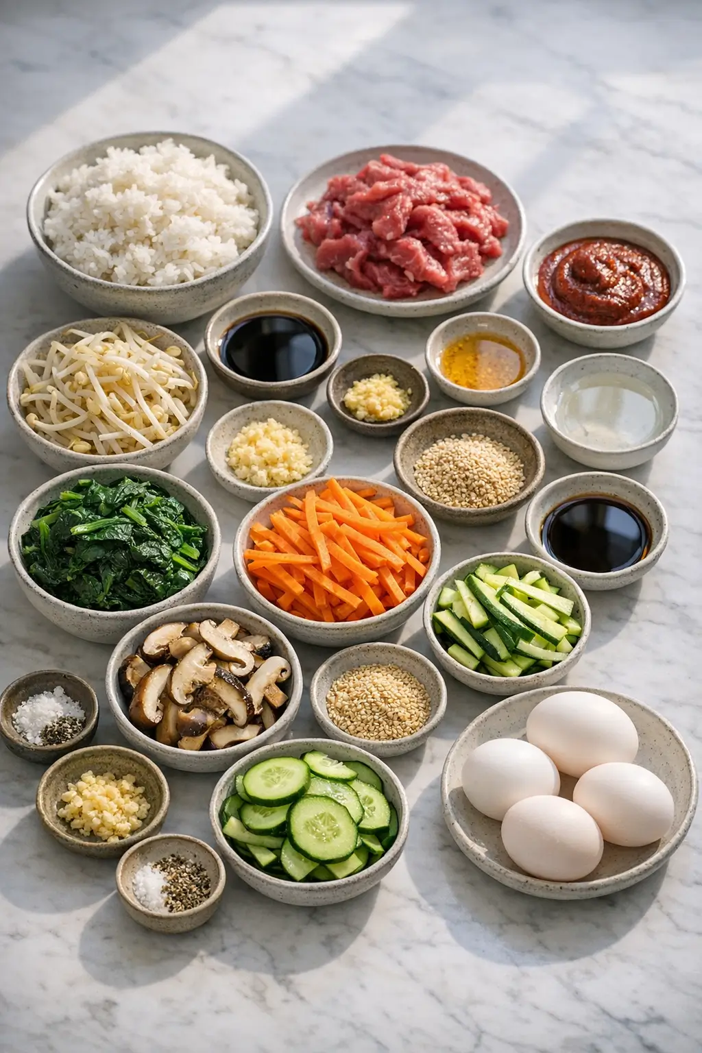 Fresh prepped ingredients for making Korean bibimbap, including rice, beef, vegetables, and gochujang sauce