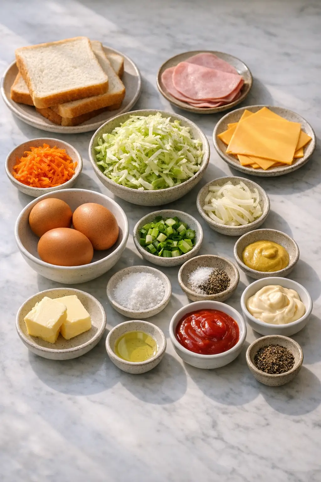 Ingredients for Korean street toast including cabbage, eggs, ham, American cheese, and sliced bread