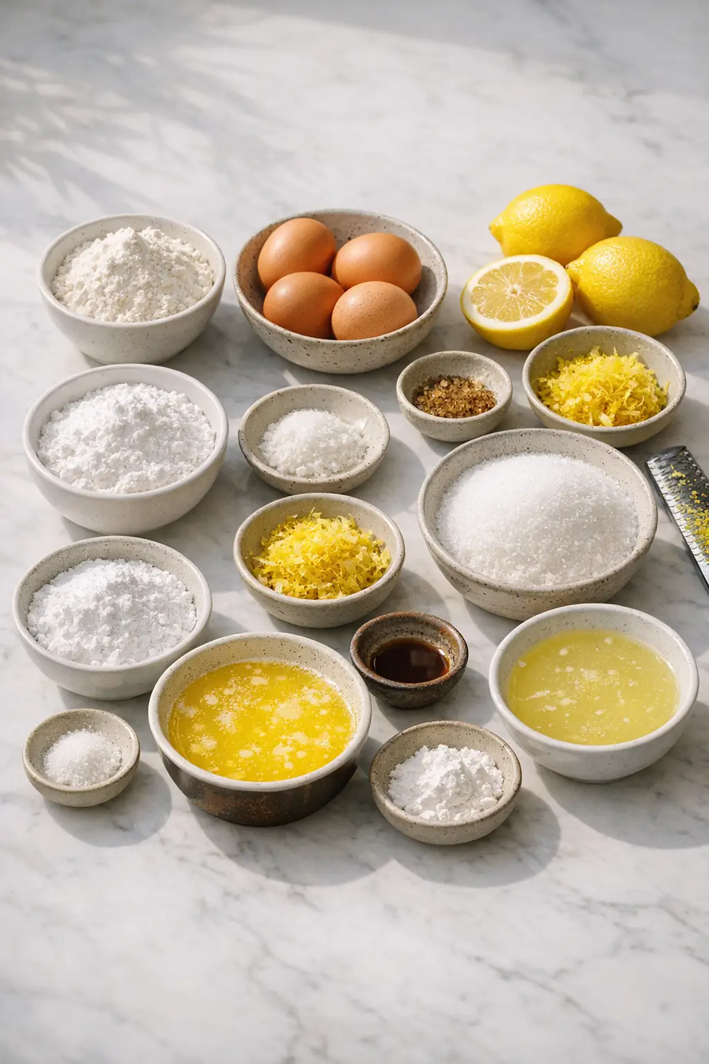 Ingredients for lemon bars laid out: flour, sugar, eggs, lemons, butter, and measuring tools