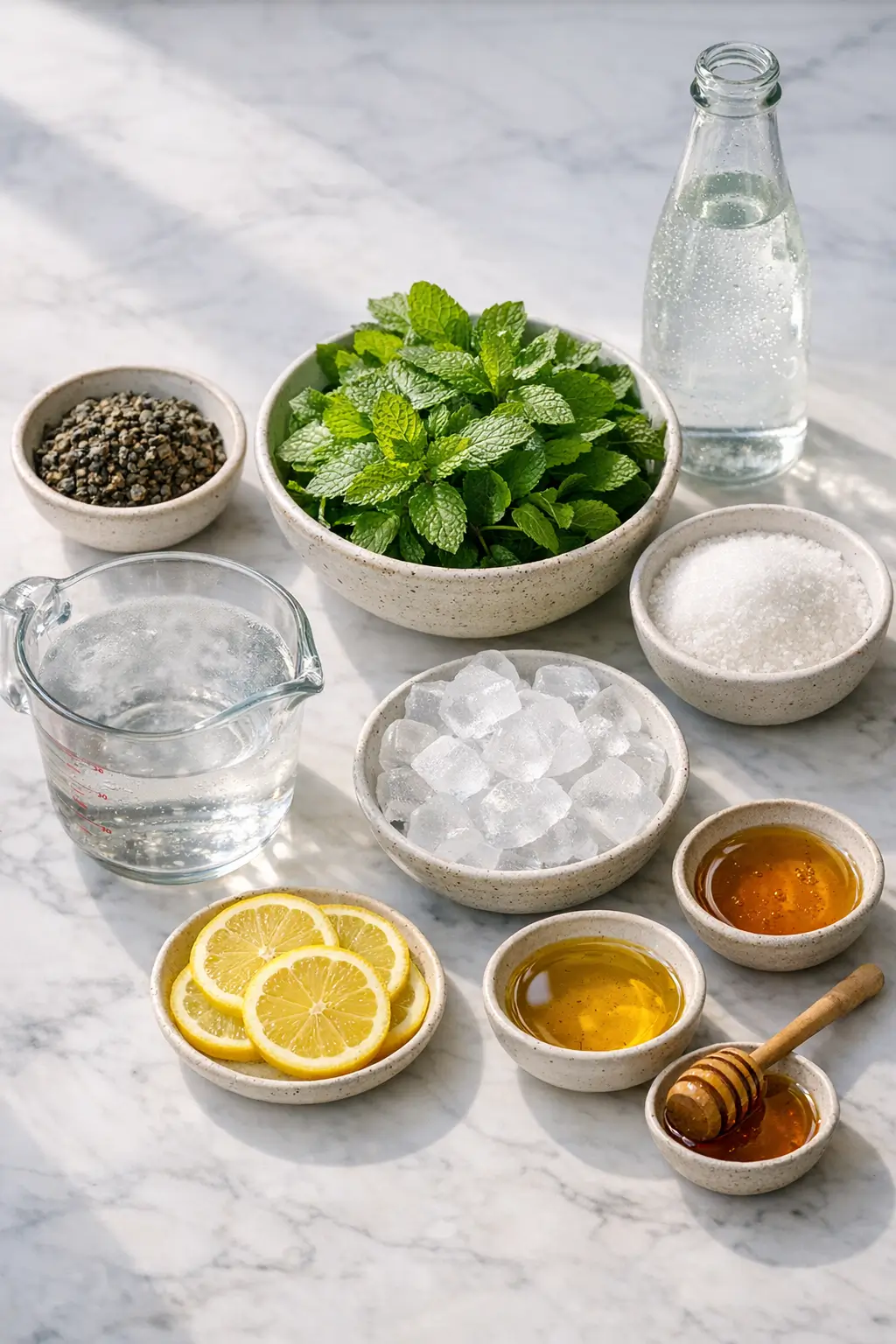 Ingredients for Moroccan mint tea spritz including gunpowder green tea, fresh spearmint, sugar, and lemon