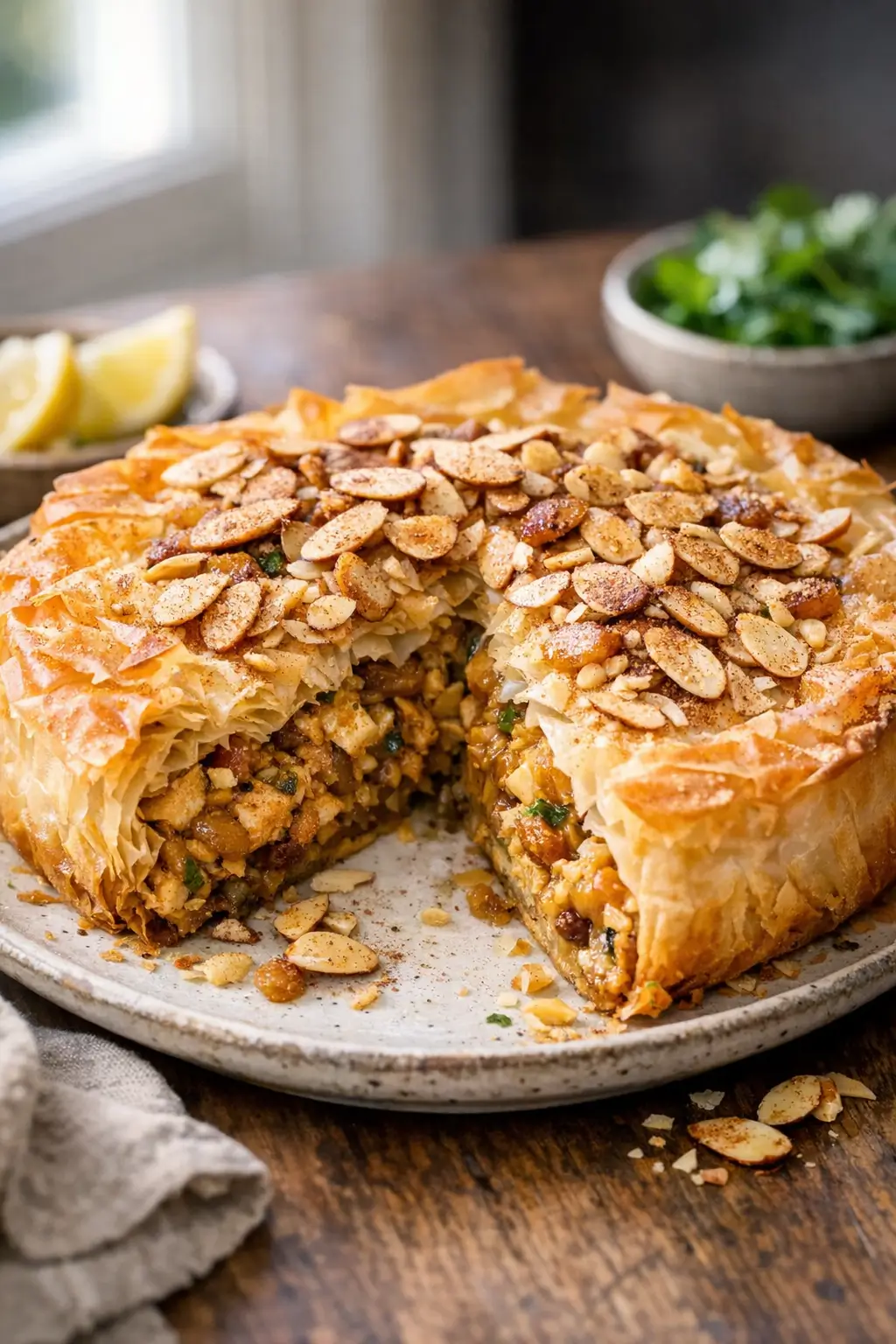 Moroccan-Style Chicken Phyllo Pie with Almond Crunch