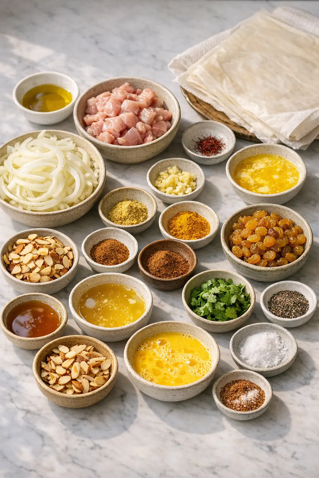Ingredients laid out for Moroccan-Style Chicken Phyllo Pie, including chicken, onions, spices, phyllo dough, and almonds