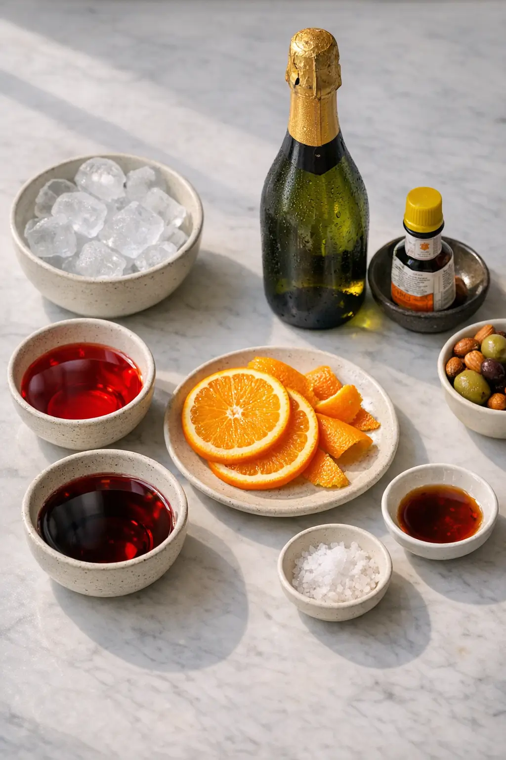 Negroni Sbagliato ingredients — Campari, sweet vermouth, chilled prosecco, ice and orange slices arranged on a countertop