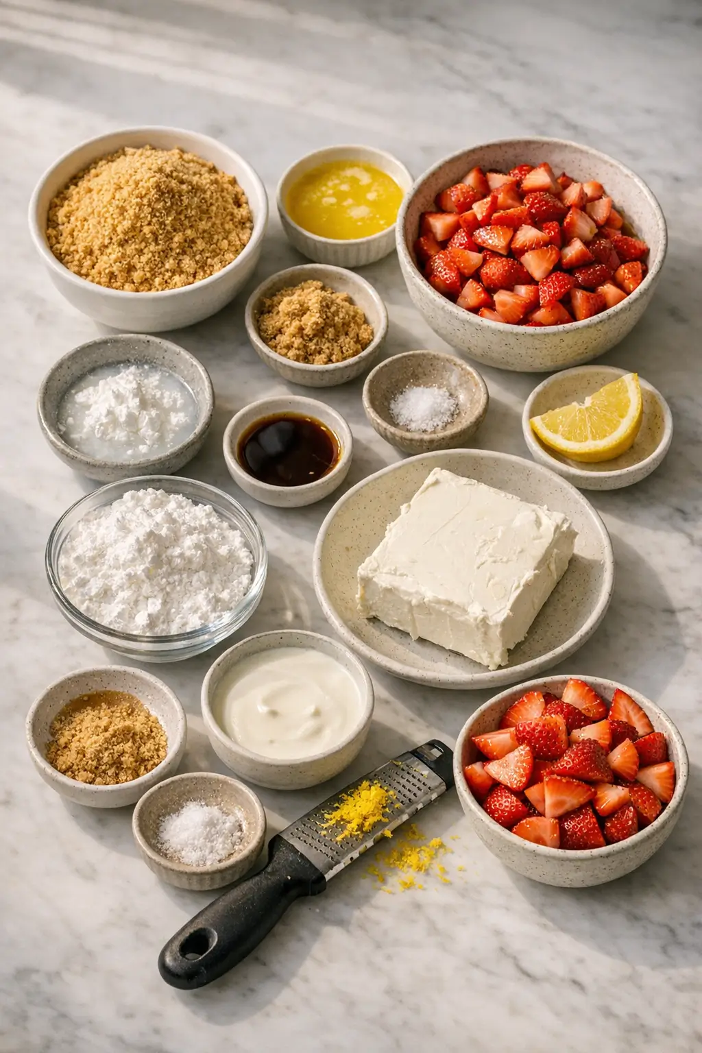 Ingredients for no‑bake cheesecake cups with strawberry swirl: graham cracker crumbs, cream cheese, heavy cream, sugar and fresh strawberries
