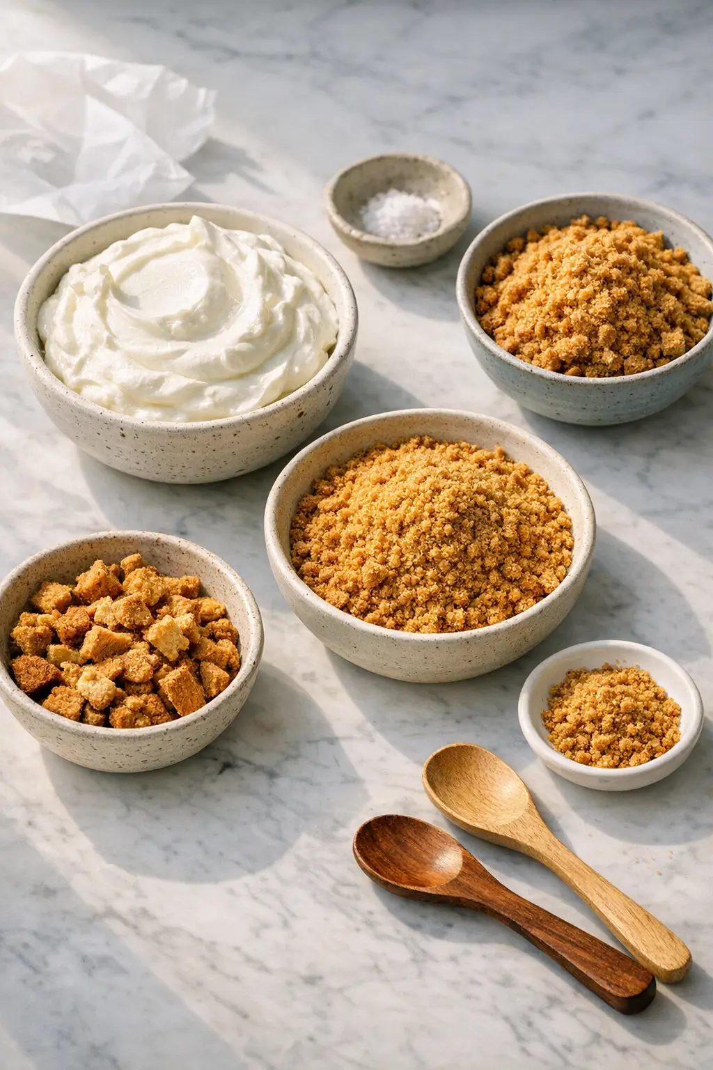 Ingredients for no-bake Japanese cheesecake, including thick yogurt and crushed cookies