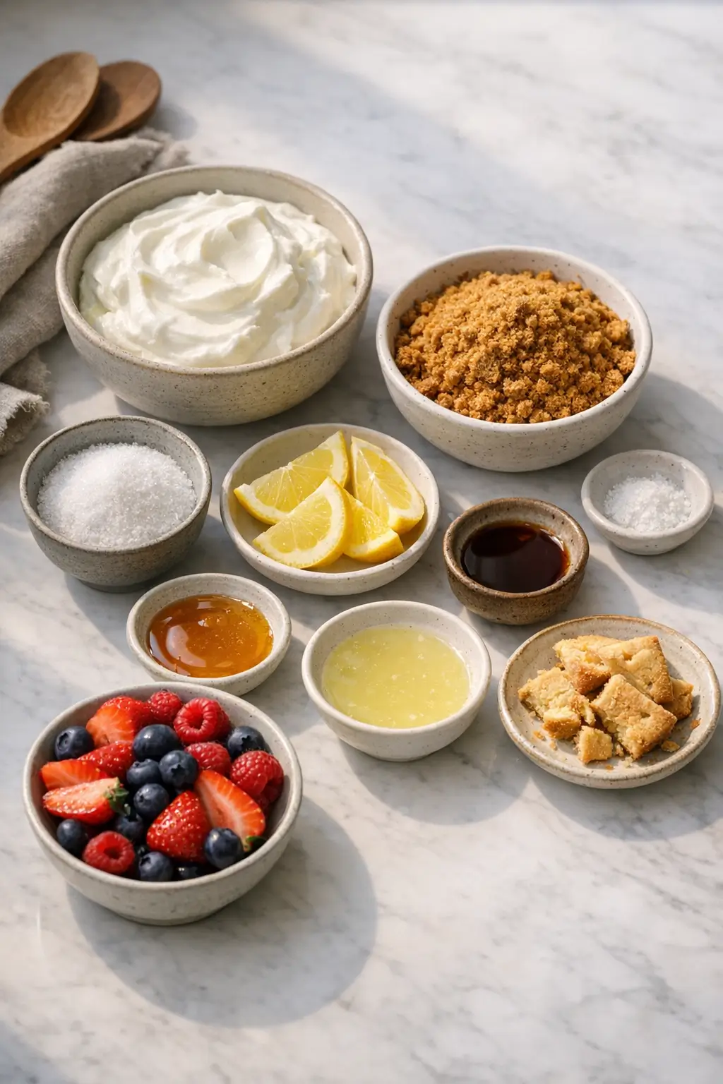 Ingredients for no-bake Japanese cheesecake with yogurt and crushed cookies, including Greek yogurt, cookie crumbs, and lemon