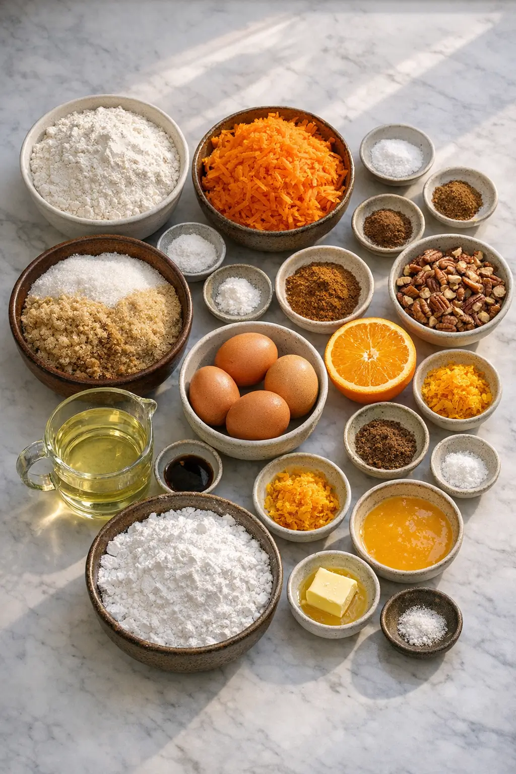 Measured ingredients for orange glazed carrot bundt cake: grated carrots, flour, sugars, eggs, oil and chopped nuts on a prep surface
