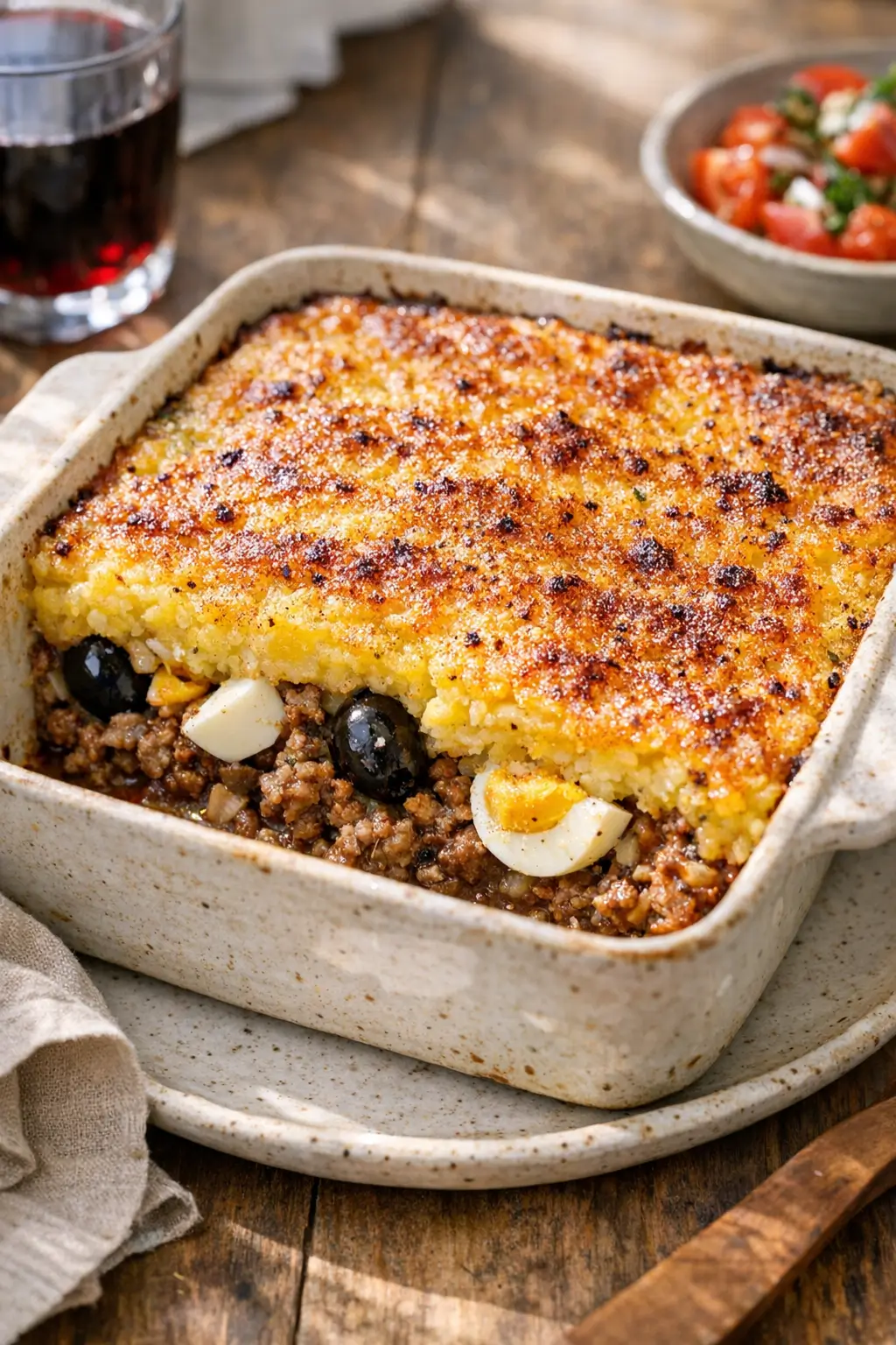 Freshly baked Pastel de Choclo with golden corn topping and savory beef filling in a white dish