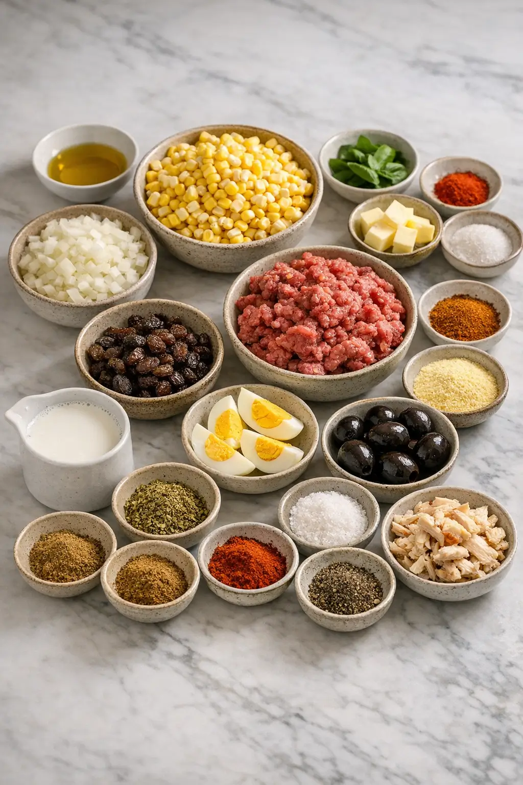 Ingredients for making traditional Chilean Pastel de Choclo including ground beef, onions, corn, eggs, and olives
