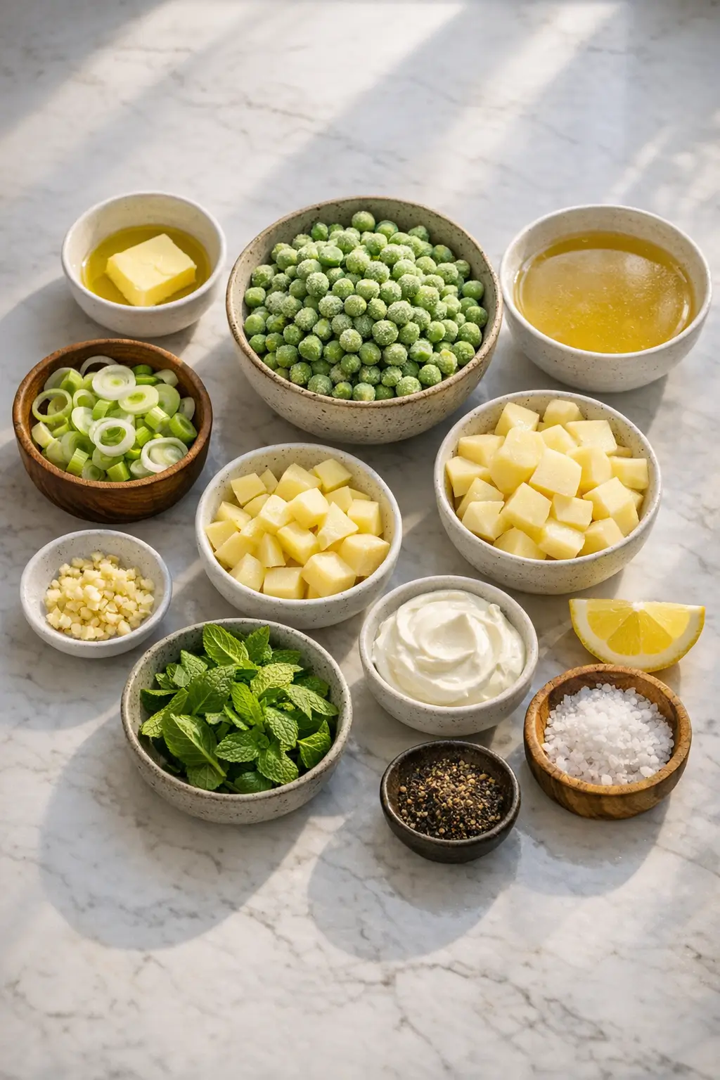 Ingredients for pea and mint soup: frozen peas, potato, spring onions, mint, stock and crème fraîche arranged on a counter
