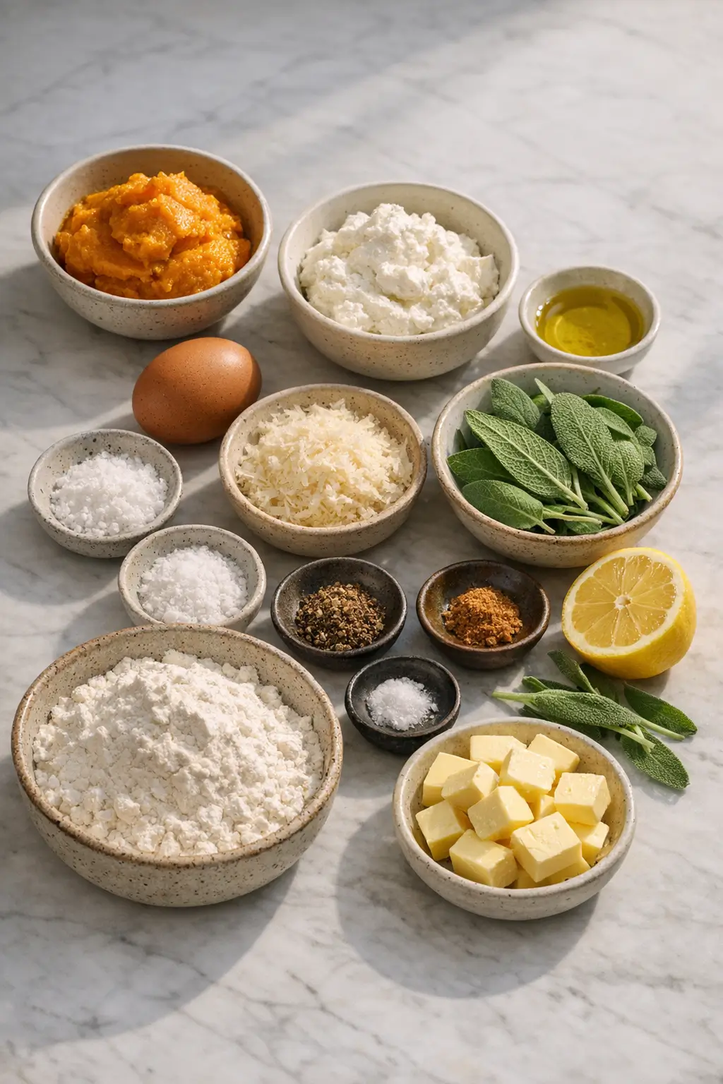 Measured ingredients for making pumpkin gnocchi with sage butter sauce, including pumpkin puree, ricotta, parmesan, and fresh sage