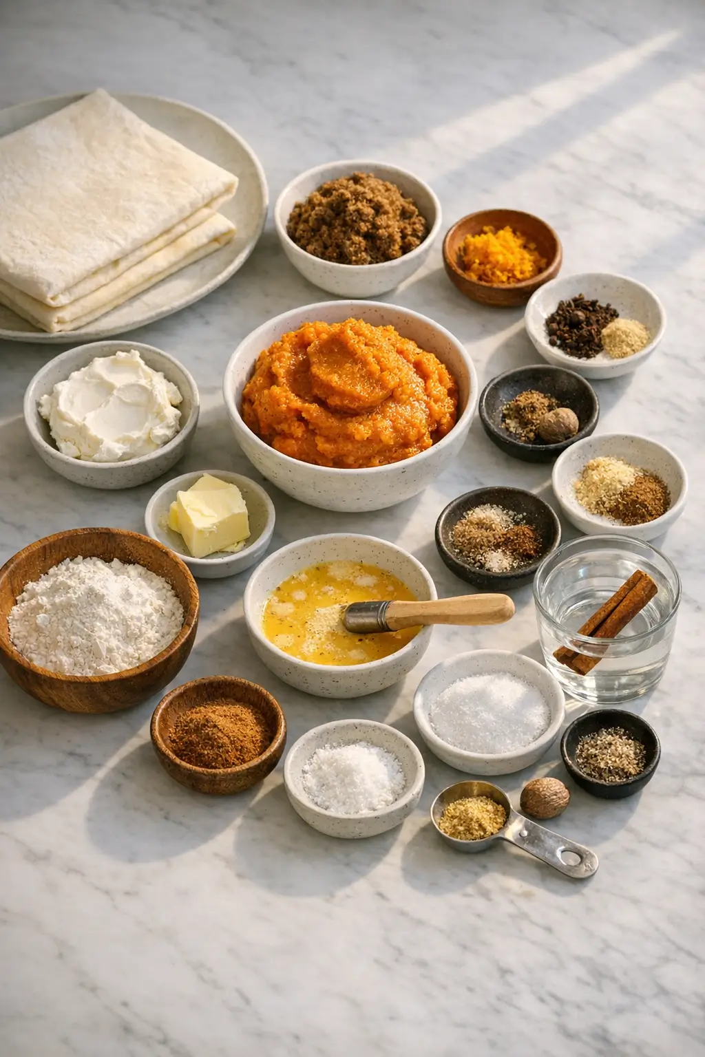 Ingredients for Pumpkin Pastelitos including puff pastry, pumpkin purée, spices, and brown sugar