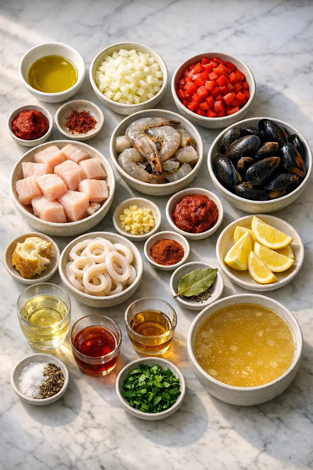 Raw ingredients for Sailor’s Soup including shrimp, mussels, cod, paprika, and vegetables
