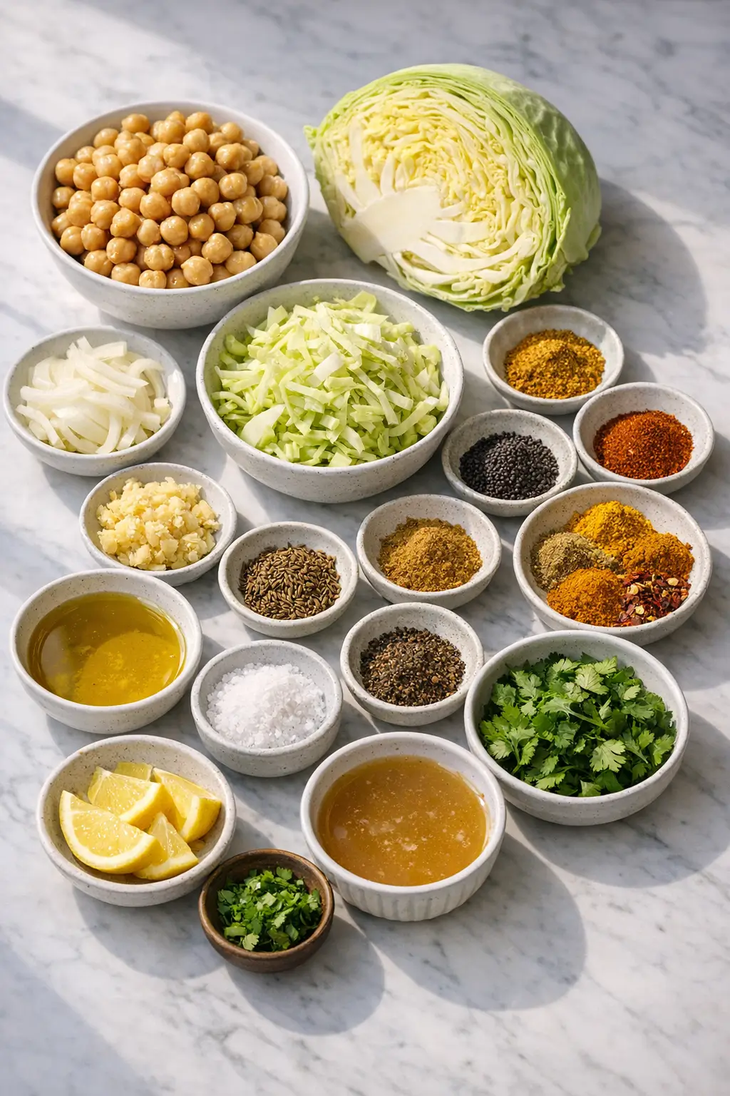 Ingredients for spiced chickpea and cabbage stir-fry, including cabbage, chickpeas, spices, onion, garlic, and lemon