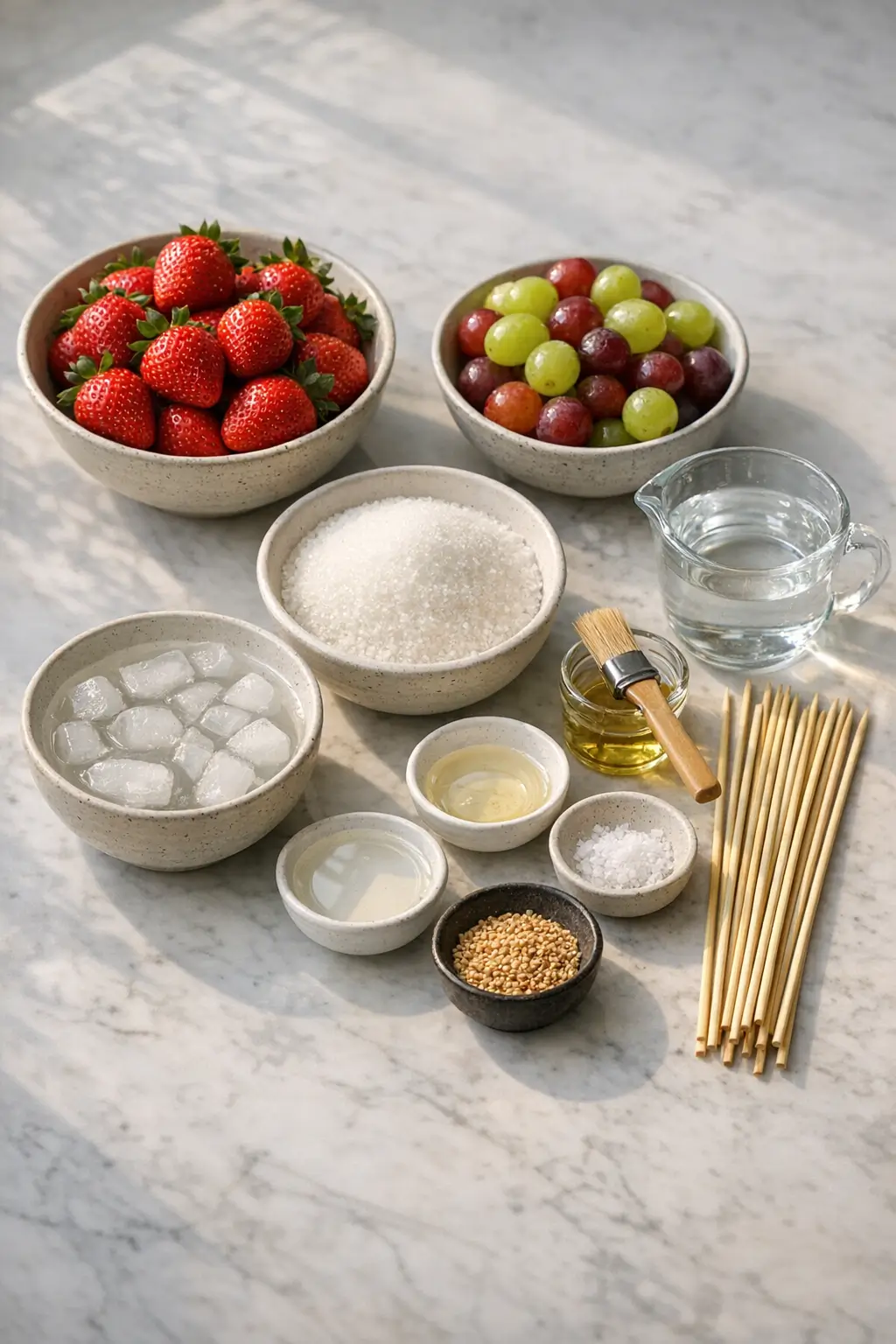 Ingredients laid out for making tanghulu, including strawberries, sugar, skewers, and tools