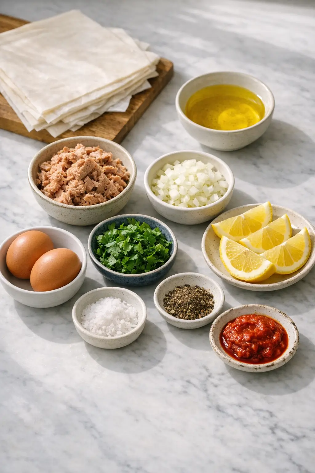 Ingredients for Tunisian brik à l’œuf including phyllo, tuna, eggs, parsley, and lemon