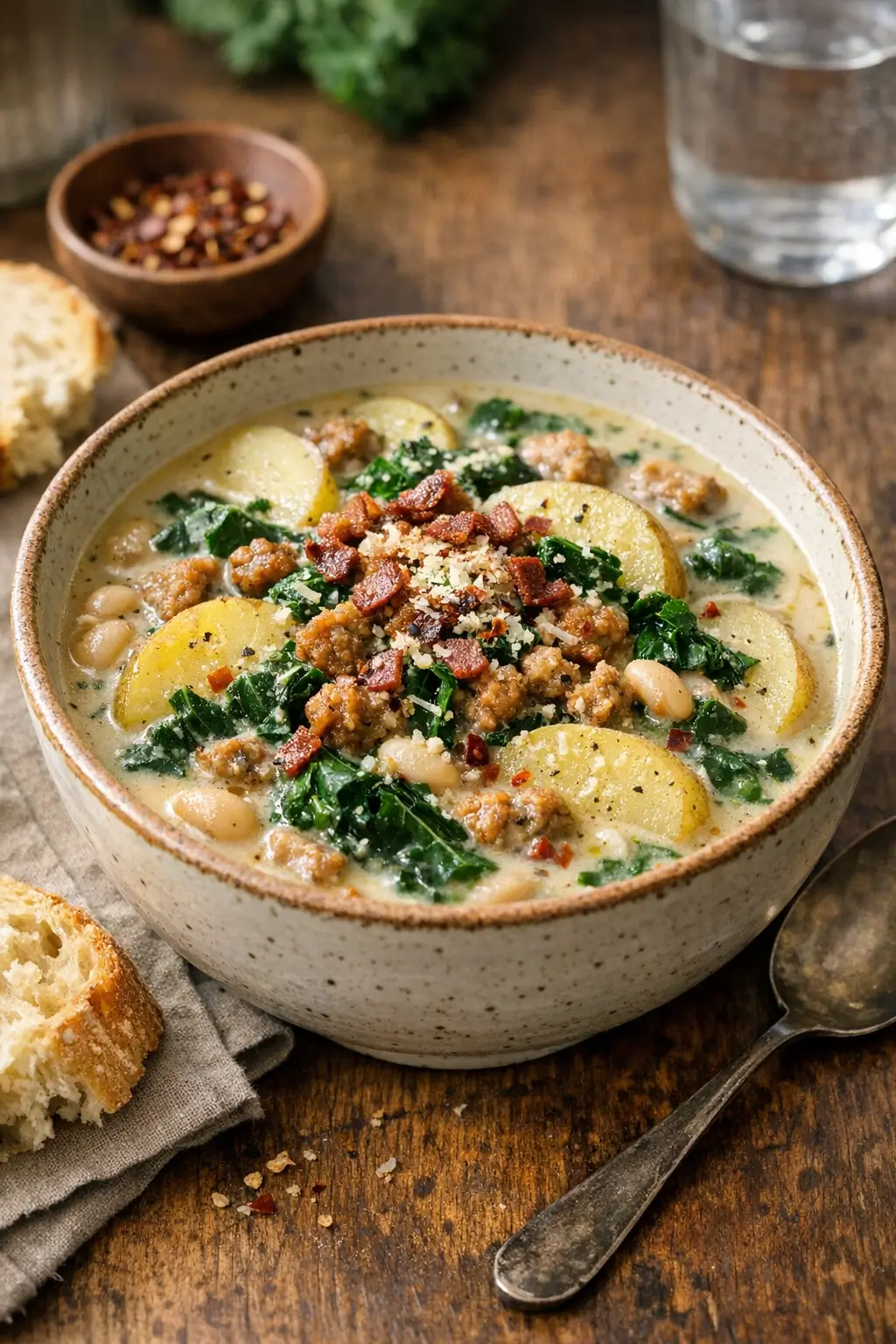 Bowl of creamy vegan zuppa toscana with potatoes, kale, and sausage in a rich broth