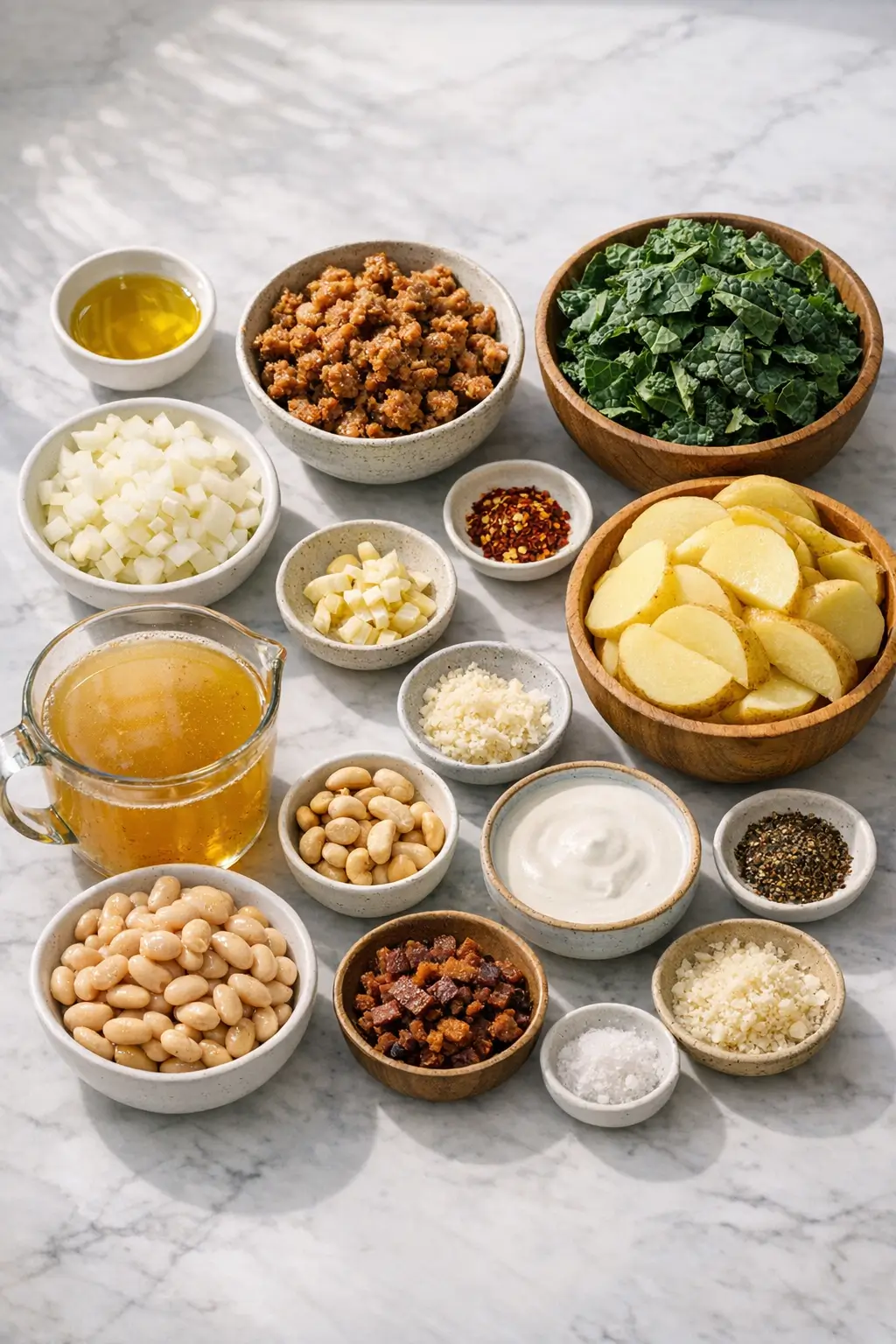 Ingredients for vegan zuppa toscana including plant-based sausage, potatoes, kale, and coconut milk