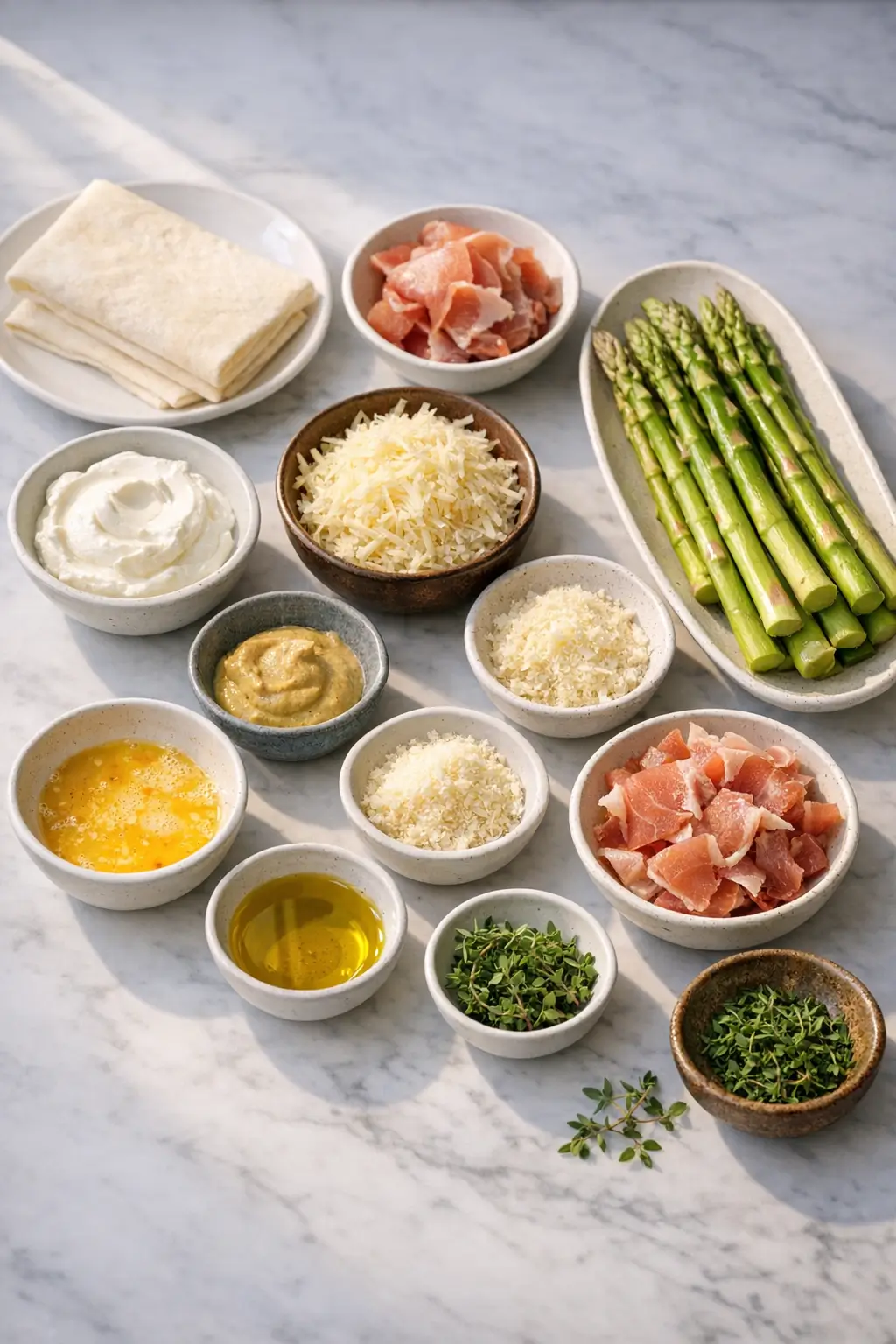 Ingredients for asparagus and prosciutto tart on a work surface: puff pastry, cheeses, crème fraîche, egg, asparagus and prosciutto