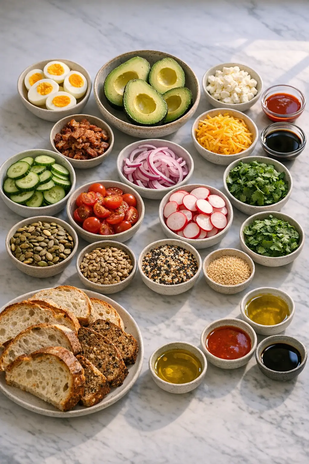 Bowls of avocado toast bar ingredients: mashed avocado, cherry tomatoes, sliced radishes, cucumber, cheeses and toasted seeds arranged for prep