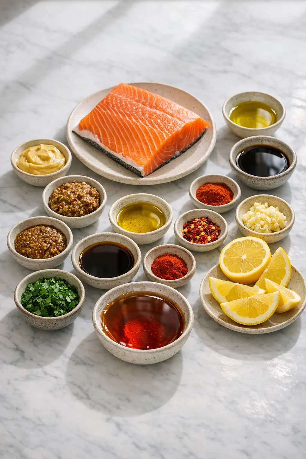 Ingredients for baked salmon with maple Dijon glaze: salmon fillet, maple syrup, Dijon and whole-grain mustard, garlic, lemon, and spices