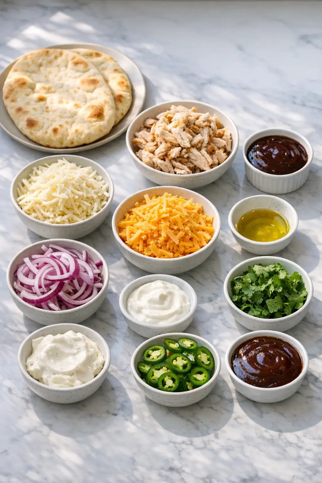 Ingredients for BBQ chicken flatbread: flatbreads, shredded rotisserie chicken, barbecue sauce, mozzarella and cheddar, red onion and cilantro