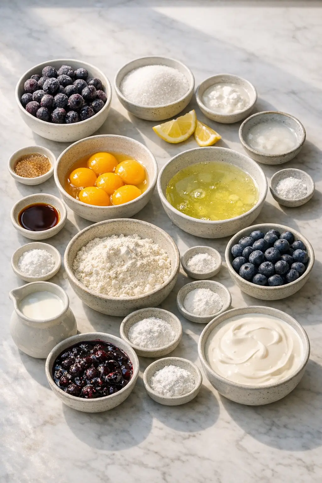 Measured ingredients for blueberry chiffon cake on a kitchen counter: frozen blueberries, eggs, flour, sugar and bowls