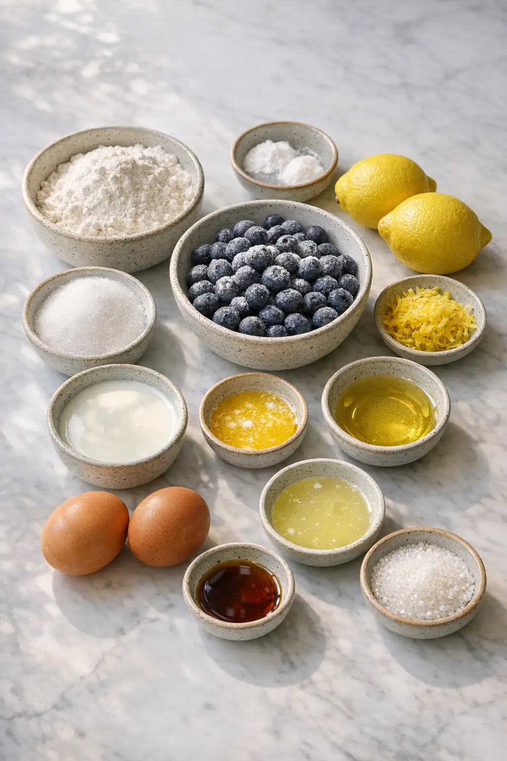 Ingredients for blueberry lemon muffins on a countertop: flour, sugar, eggs, butter, lemons, buttermilk, and fresh blueberries