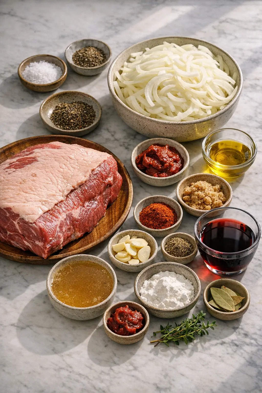 Preparation ingredients for brisket with onion gravy: sliced yellow onions, garlic, tomato paste and spices