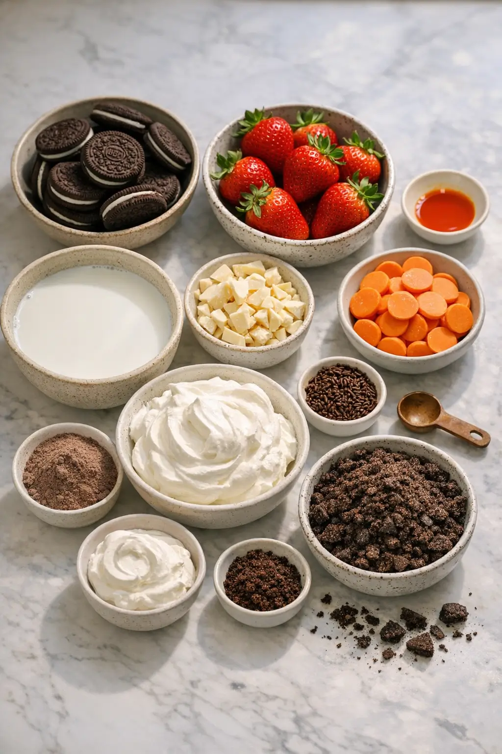Ingredients laid out for carrot patch dessert cups: Oreo cookies, instant chocolate pudding mix, whipped topping, milk, strawberries, and orange candy melts