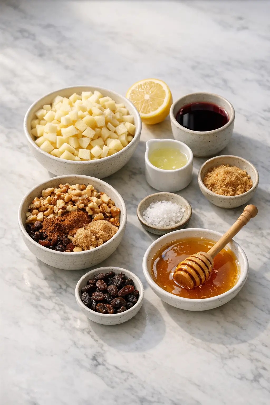Ingredients for apple-walnut charoset: diced apples, toasted walnuts, honey, lemon and spices arranged in bowls