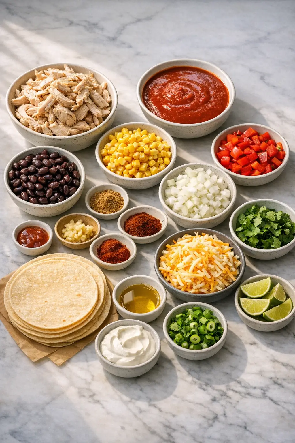 Bowls of shredded chicken, diced peppers, onions, corn tortillas, spices and shredded cheese ready for assembling chicken enchilada casserole