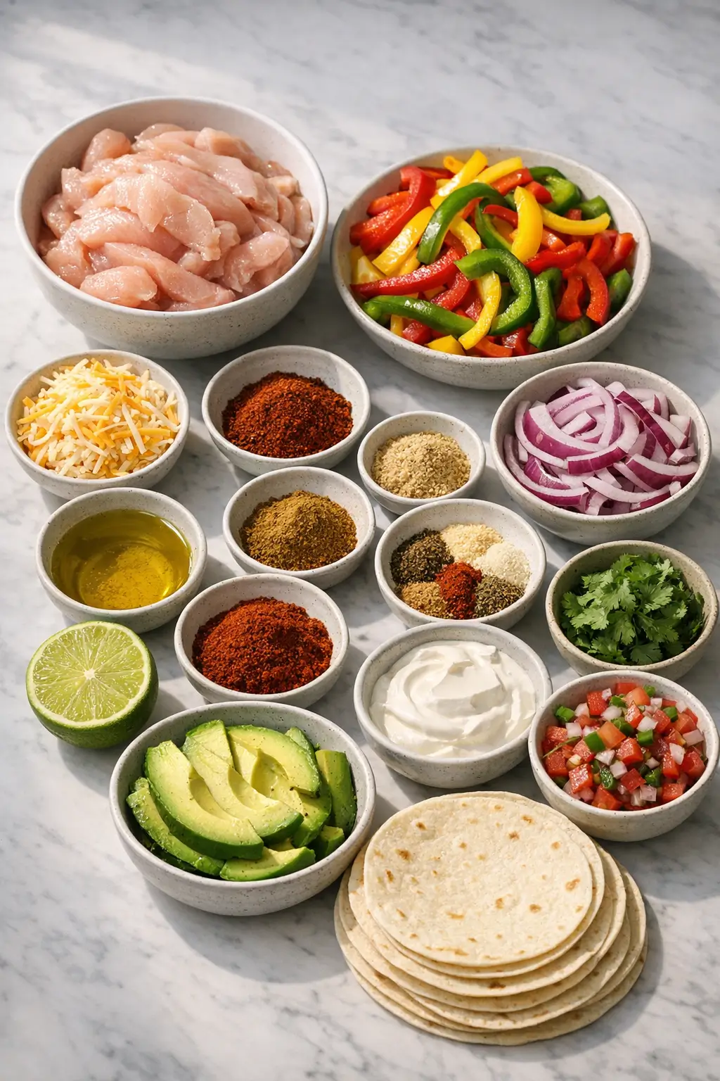 Ingredients for chicken fajita sheet pan dinner: sliced chicken, bell peppers, onion, spices and oil