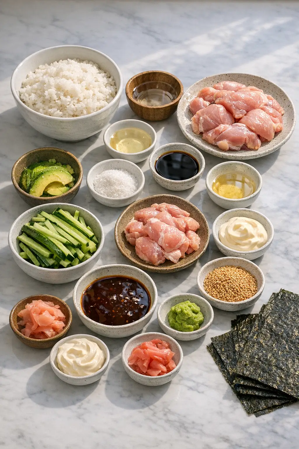 Ingredients for chicken sushi rolls laid out on a counter: sushi rice, nori, avocado, cucumber, teriyaki chicken and seasonings