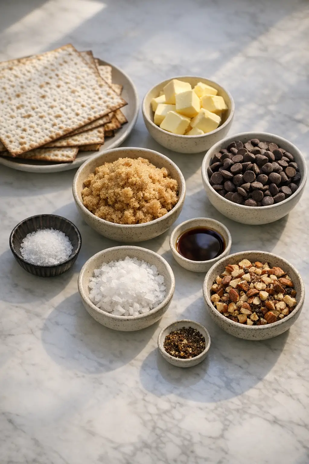 Ingredients for Chocolate Covered Matzo Crunch: matzo sheets, butter, brown sugar, chocolate chips, and chopped nuts