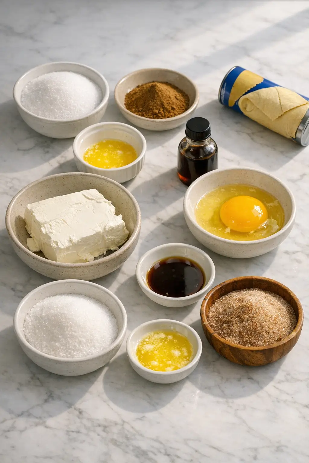 Ingredients for churro cheesecake bars laid out: cream cheese, crescent dough, cinnamon-sugar mixture, egg and butter