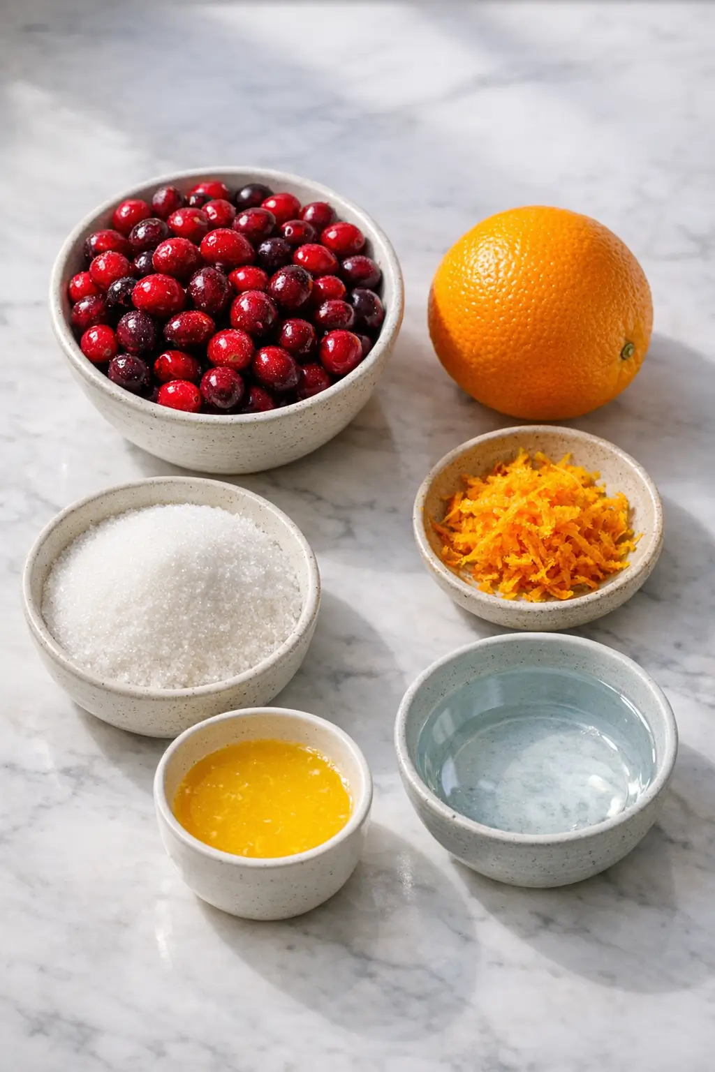 Fresh cranberries, a zested orange, and measured sugar and liquids lined up for making cranberry sauce