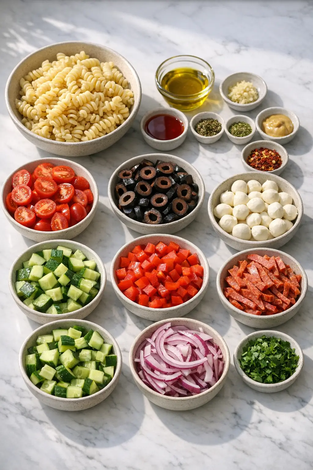 Ingredients for cold pasta salad: pasta, cherry tomatoes, mozzarella, olives, cucumber and Italian vinaigrette ingredients on a counter
