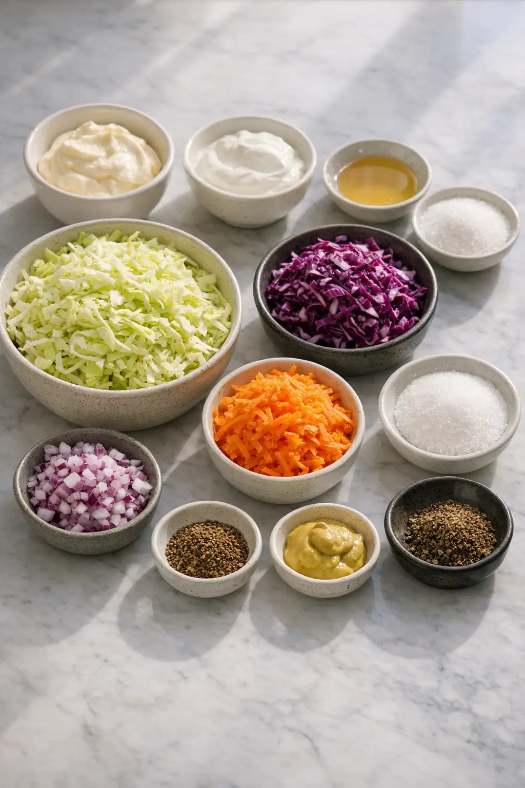 Bowl of shredded green and red cabbage, grated carrot and minced red onion ready for creamy coleslaw