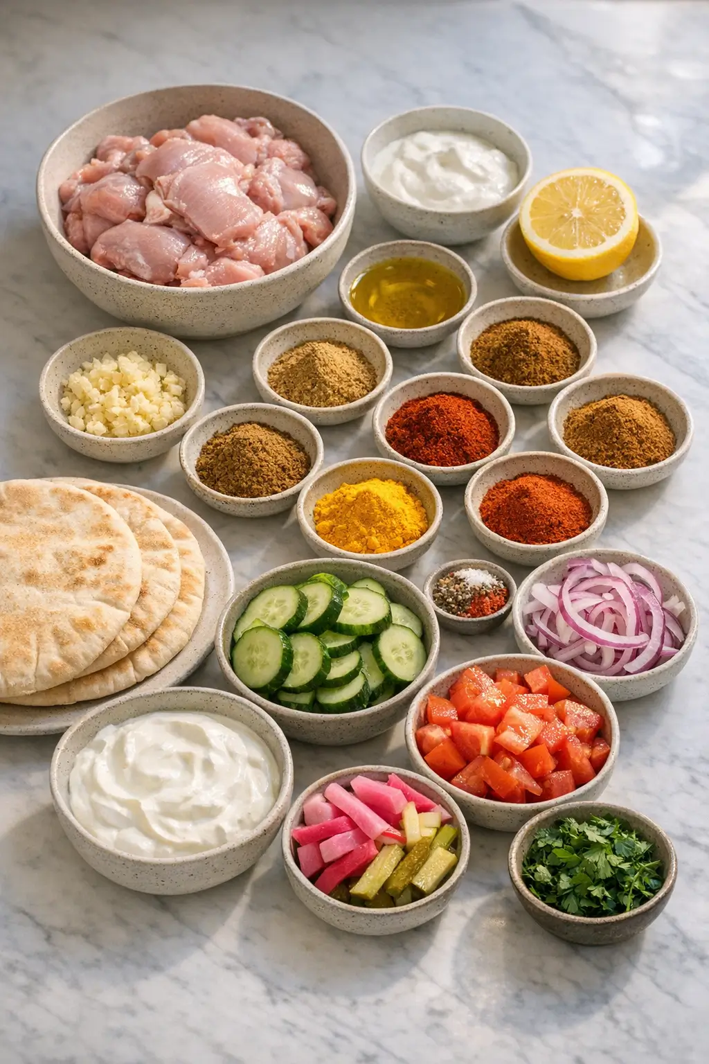 Ingredients for crispy chicken shawarma: bowls of yogurt, lemon, olive oil, garlic, and a selection of ground spices
