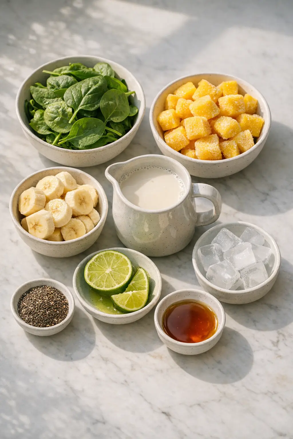 Ingredients for Earth Day green smoothie: baby spinach, frozen mango, banana, almond milk and chia seeds laid out on a counter