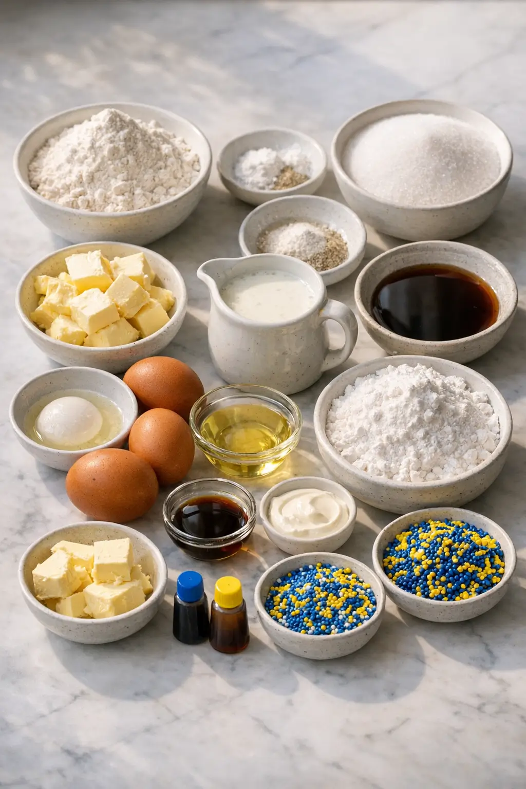Ingredients for a vanilla graduation sheet cake arranged on a counter: flour, sugar, butter, eggs, buttermilk and measuring tools