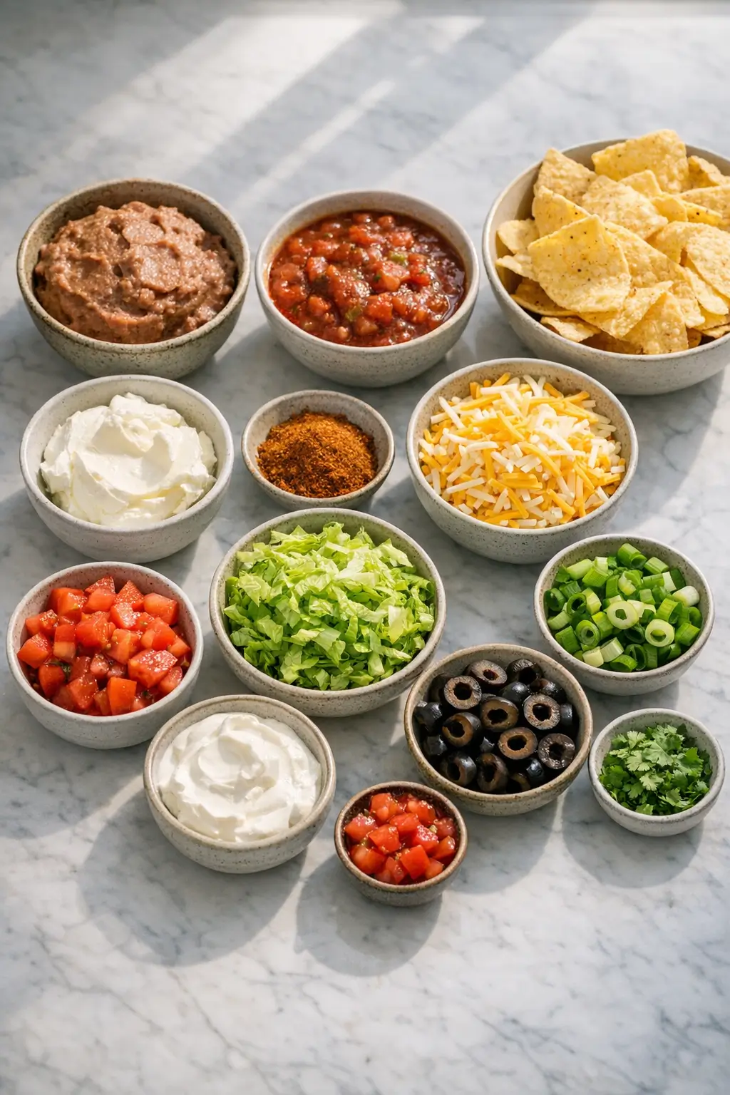 Ingredients for easy layered taco dip: refried beans, cream cheese, sour cream, salsa, shredded cheese and fresh toppings