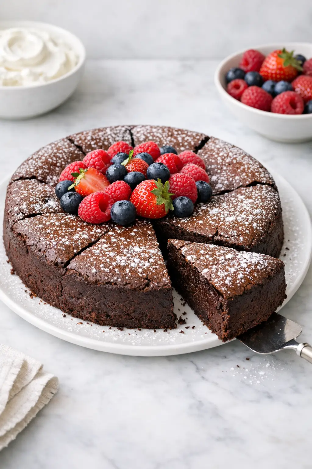 Sliced flourless chocolate cake for Passover with a crackly top, dusted cocoa and fresh berries