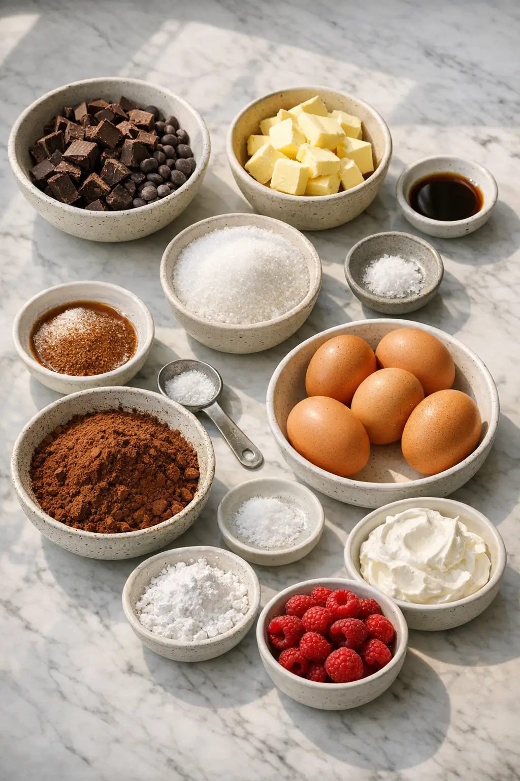 Flourless chocolate cake ingredients for Passover: chopped chocolate, butter, eggs, cocoa, sugar and a springform pan