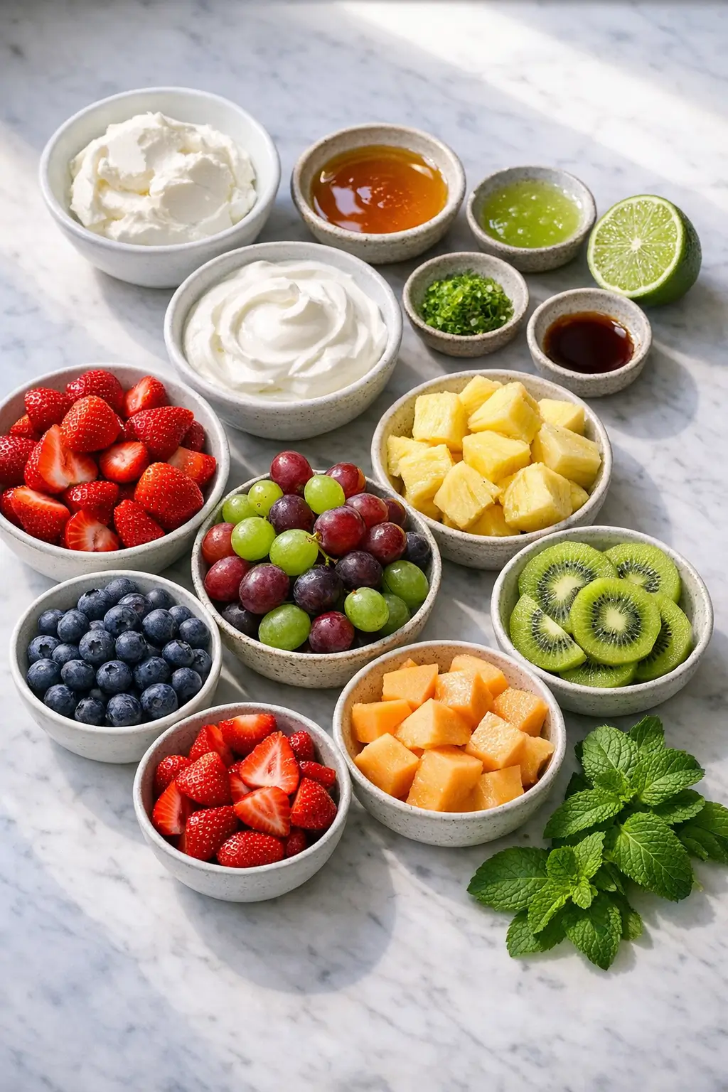 Ingredients laid out for a fresh fruit platter and honey lime dip: cream cheese, Greek yogurt, honey, limes and assorted fruit
