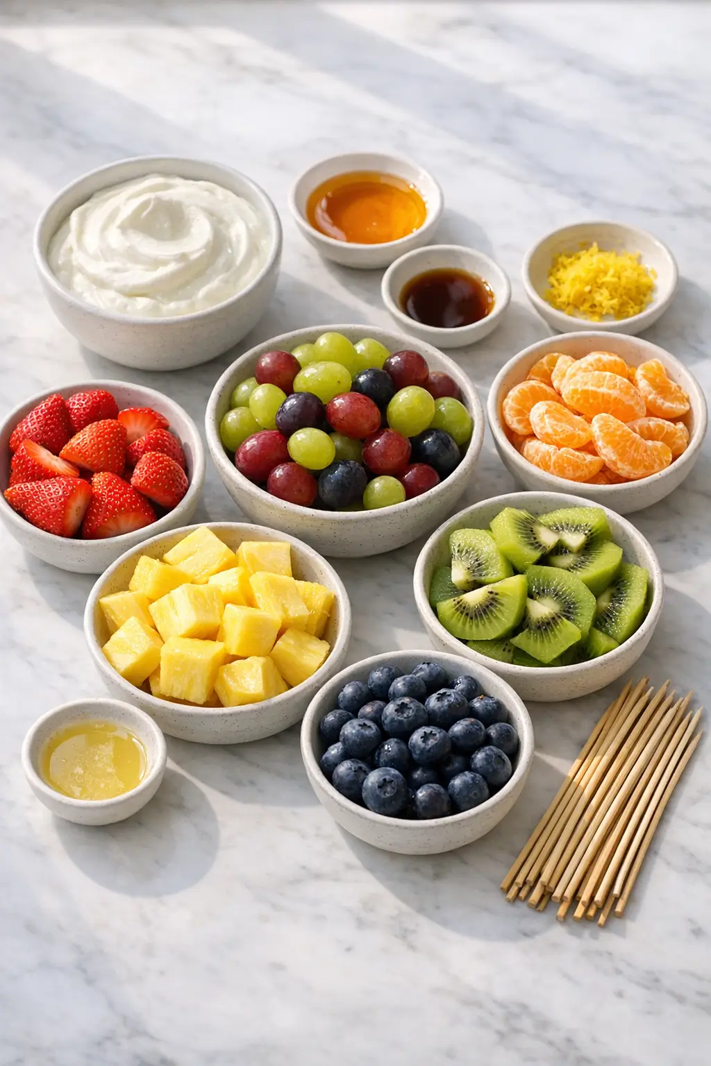 Prepared fruit (strawberries, pineapple, grapes, kiwi) and bowls of Greek yogurt and honey ready for making fruit skewers