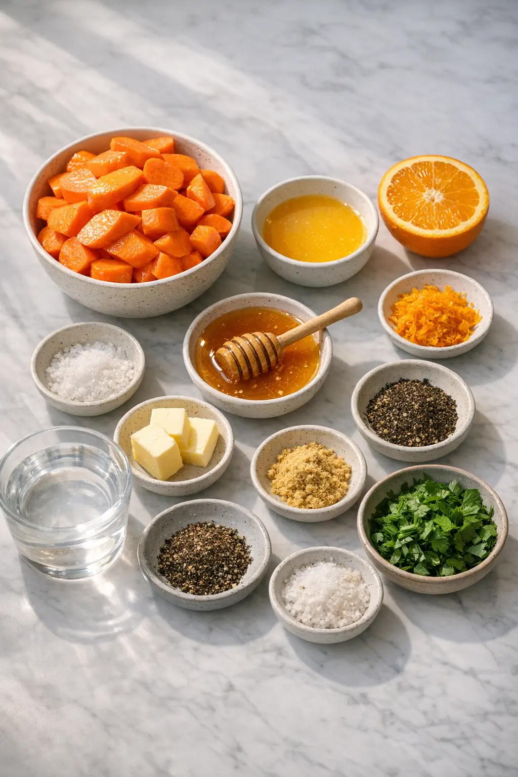 Ingredients for glazed carrots with orange and honey arranged on a board: peeled carrots, a halved orange, butter, honey and spices