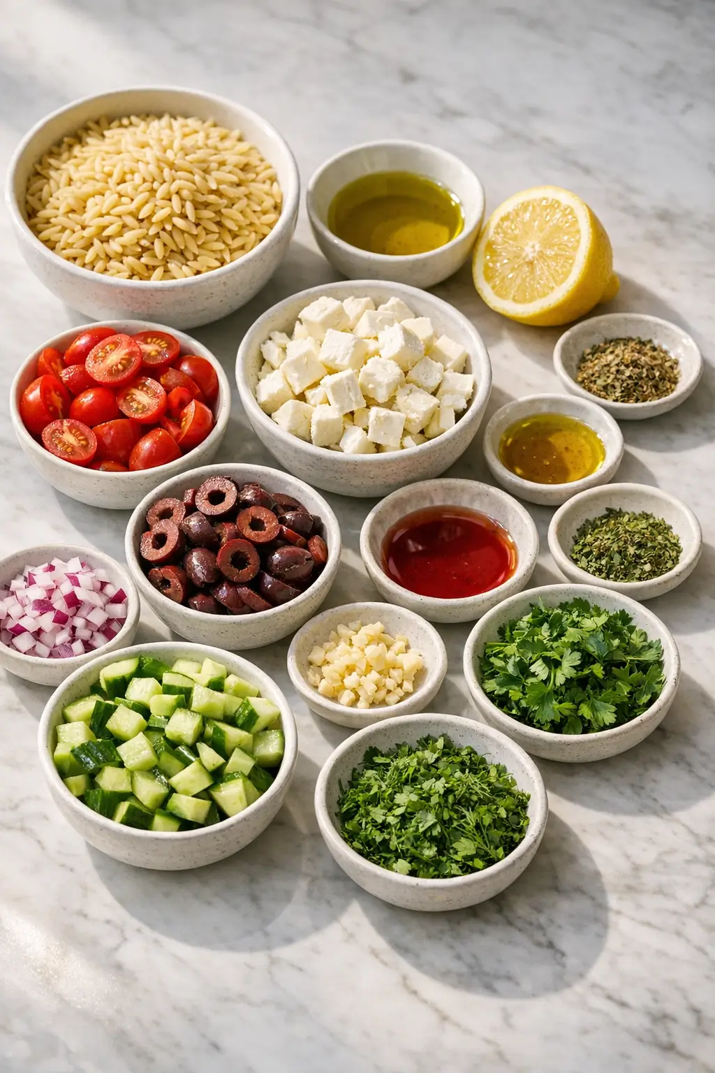 Prepped ingredients for Greek orzo salad: dry orzo, diced cucumber, cherry tomatoes, Kalamata olives, and cubed feta on a work surface